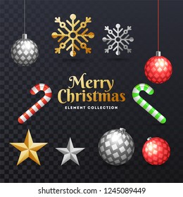Merry Christmas plantilla o diseño de afiches decorados con elementos del festival sobre fondo negro transparente.