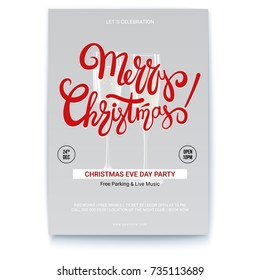 Merry Christmas, template of poster for event with place for your text. Handwritten lettering design. Mock-up for creative arts, print design for Christmas events.