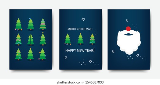 Merry christmas template set with holiday xmas trees and Santa Claus. Christmas and New Year design for greeting cards, posters, gift tags, labels or web 