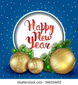 Merry Christmas. Template vector card. Calligraphy. Lettering. Christmas tree with golden balls on the blue background.