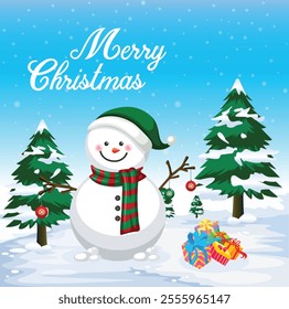 Merry Christmas template vector. Merry Christmas and Happy new year social media banner or Instagram post template. Christmas Banner with snowman.