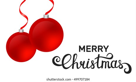 Merry Christmas template. White background with Christmas balls and modern lettering. 