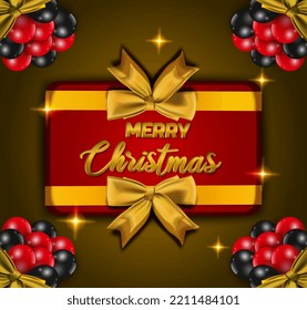 merry christmas templates. gift box with gold ribbon and balloons, realistic 3d vector decorative