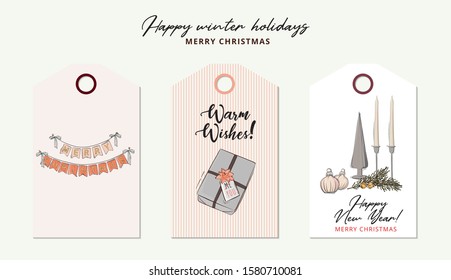 Merry Christmas  tender rose gold hand-drawn geometric garland , baubles with bow, gift sketch in vector. Modern New Year and winter holidays greeting card decoration. Best wishes design