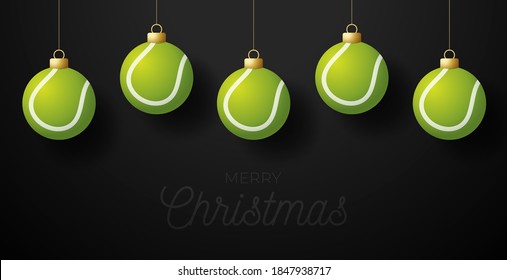 Merry Christmas Tennis greeting card. Hang on a thread Tennis ball as a Christmas ball on black horizontal background. Sport Vector illustration.