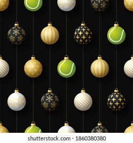 Merry Christmas tennis seamless pattern. Hang on a thread realistic tennis ball as a Christmas ball on black horizontal background. Sport Vector illustration.