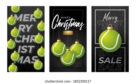 Merry Christmas tennis vertical greeting card. Set of vertical format card with Hang on a thread tennis ball as a Christmas ball on black background. Sport Vector illustration.