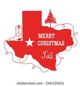 Merry Christmas Texas card. Vector American illustration with red map of Texas silhouette and holiday text and cowboy boot decoration isolated on white