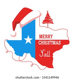 Merry Christmas Texas card. Vector American illustration with red map of Texas silhouette and holiday text and Santa hat decoration isolated on white