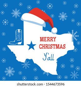 Merry Christmas Texas card. Vector American illustration with map of Texas silhouette and holiday text and Santa hat decoration on snow background