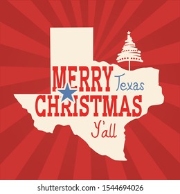 Merry Christmas Texas greeting card. Vector American vintage poster with map of Texas silhouette and holiday text 