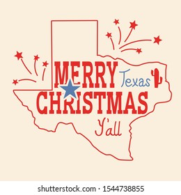 Merry Christmas Texas greeting card. Vector American vintage poster with map of Texas silhouette and holiday text for design