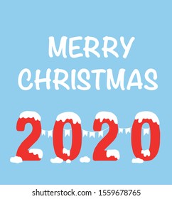 Merry Christmas text and 2020 with snow. Vector illustration. Christmas design for print on christmas cards, banner, poster, flyer or christmas post in social media
