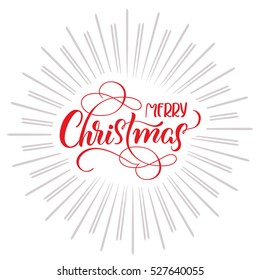 Merry Christmas text and abstract background with rays. Calligraphy lettering