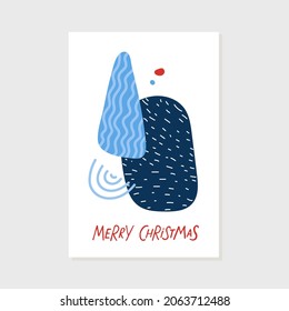 Feliz texto de Navidad con Resumen de composición artística creativa. Afiche mínimo con texturas orgánicas en colores azules. Estilo de collage a la moda dibujado a mano Para la decoración, la postal, el diseño de portada.
