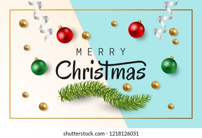 Merry Christmas text with christmas balls, fir branches and shiny white ribbon on blue and white paper background. Vector illustration