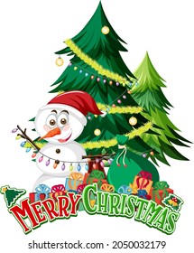 Merry Christmas text banner with Snowman and Christmas tree illustration