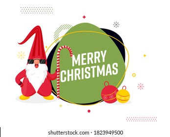 Merry Christmas Text with Baubles and Cute Gnome Holding a Candy Cane on White Background.