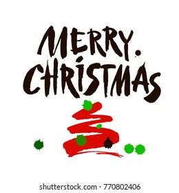 Merry Christmas text. Black brush calligraphy on white vector background with abstract christmas tree