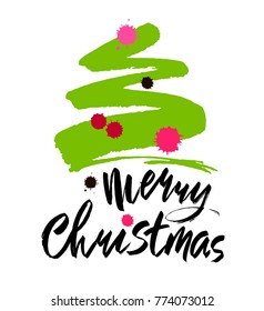Merry Christmas text. Black brush calligraphy on white vector background with abstract christmas tree.