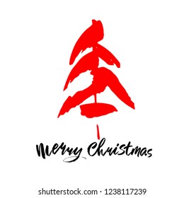 Merry Christmas text. Black and red brush calligraphy on white vector background with abstract christmas tree