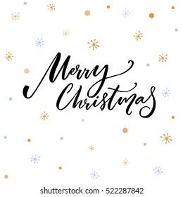 Merry Christmas Text. Black Typography On White Vector Background With Snowflakes.