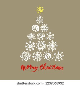 Merry Christmas text. Black, white and red brush calligraphy on gray vector background with abstract christmas tree