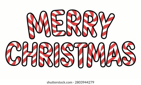 Merry christmas text in bold candy cane striped letters outlined in black festive design
