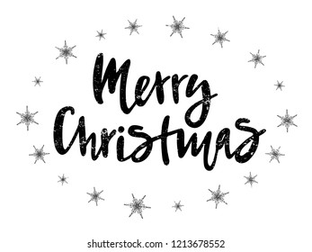 Merry Christmas text for calendar, invitation, greeting card, postcard, typography poster, flyer. Handwritten modern lettering. Inspirational quote on textured background. Vector illustration EPS 10.