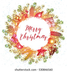 Merry Christmas text, calligraphic lettering design card template. Handdrawn creative typography for holiday greeting poster. 