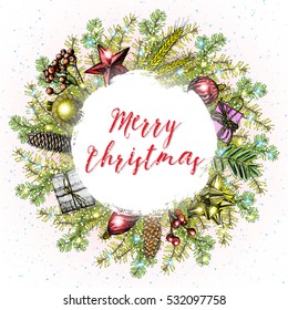 Merry Christmas text, calligraphic lettering design card template. Handdrawn creative typography for holiday greeting poster. 