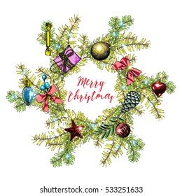 Merry Christmas text, calligraphic lettering design card template. Handdrawn creative typography for holiday greeting poster. 