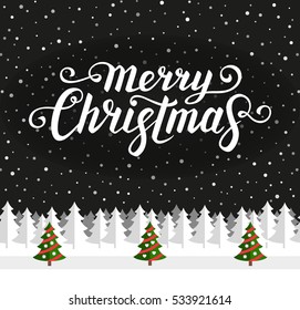 Merry Christmas text. Calligraphic Lettering. Greeting card template. Winter seamless background with Christmas trees and forest. New year and Xmas Holidays design. Vector illustration.