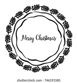 Merry Christmas text calligraphic lettering greeting card with wreath fir branches, isolated on white background. Simple illustration.