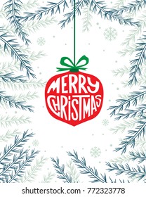 Merry Christmas text. Calligraphic Lettering. Greeting card template. New year and Xmas Holidays design. Vector illustration.