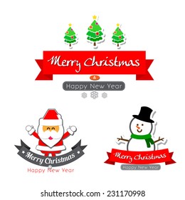 Merry christmas  text calligraphy with santa snowman and tree cartoon decoration for design vector illustration on white background