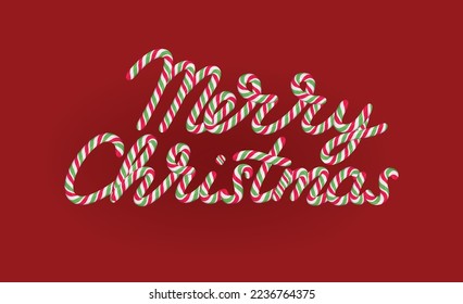 Merry Christmas text in candy cane pattern. Brush included. Greeting card minimalistic template. 