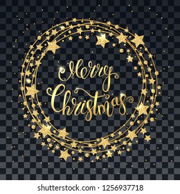 Merry Christmas text for card. Calligraphy inscription in a circle with stars. Vector illustration.