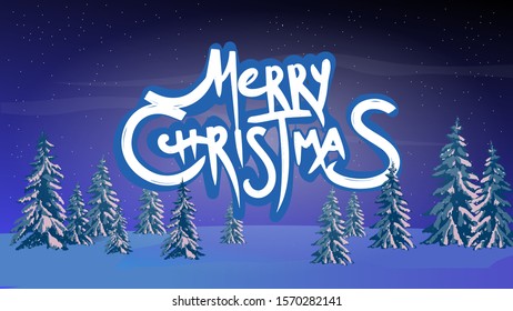Merry Christmas text. Christmas card night landscape, trees, snowflakes. Vector illustration