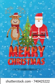 Merry Christmas text. Christmas card with reindeer and santa claus standing on the lettering Merry Christmas vector illustration