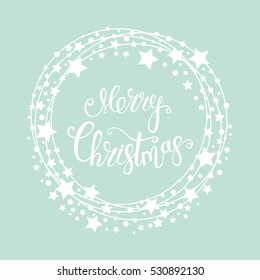 Merry Christmas text for card for your design. Calligraphy inscription in a circle with stars. Vector illustration.