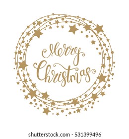 Merry Christmas text for card for your design. Calligraphy inscription in a circle with stars. Vector illustration.