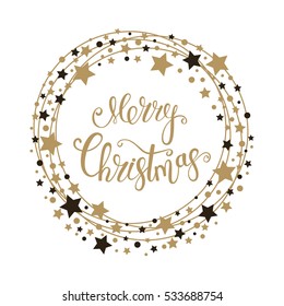 Merry Christmas Text For Card For Your Design. Calligraphy Inscription In A Circle With Stars. Vector Illustration.