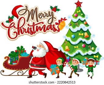 Merry Christmas text with cartoon character illustration