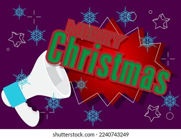 Merry Christmas text with cartoon Megaphone. Vector Announcement illustration.