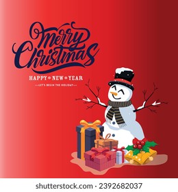 Merry christmas text with cartoon snowman