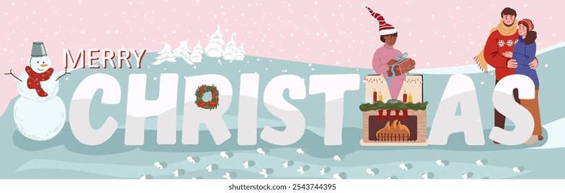 Merry christmas text. Color inscription with tiny people engaged in winter activities, Flyer, invitation, sticker, banner, vector illustration.
