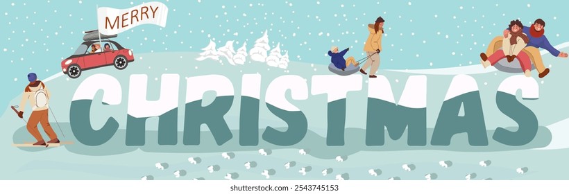 Merry christmas text. Color inscription with tiny people engaged in winter activities, Flyer, invitation, sticker, banner, vector illustration.
