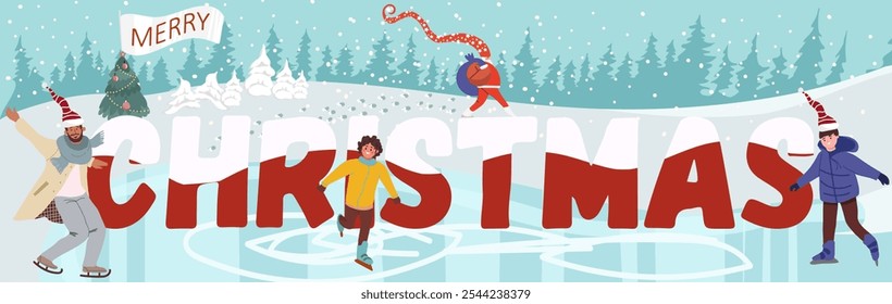 Merry christmas text. Color inscription with tiny people engaged in winter activities, skating at the ice rink, snowman,  Flyer, invitation, sticker, banner, vector illustration.

