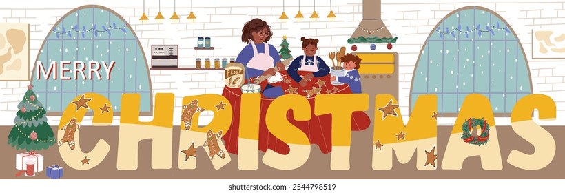 Merry christmas text. Color inscription huge letters, tiny people engaged in indoor activities, home, family activities, New Year preparations. Flyer, invitation, sticker, banner, vector hand drawn.